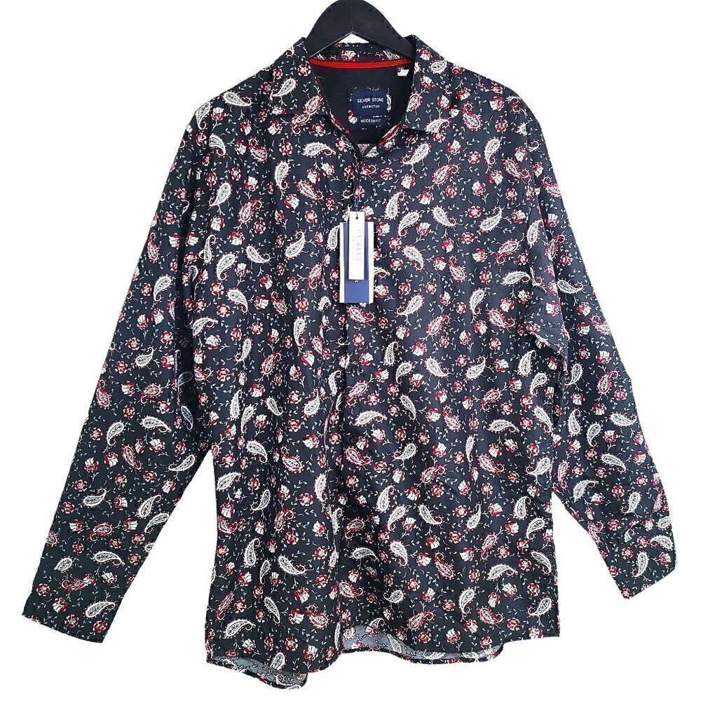NWT SILVER STONE COLLECTION Mens Black & Red Paisley Button up Shirt Modern Fit